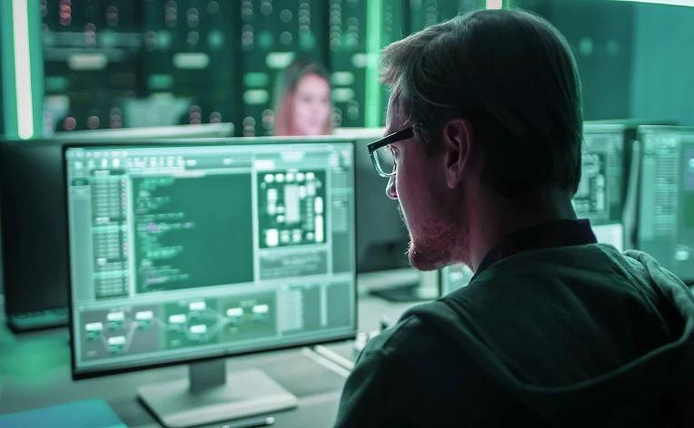 Logistics operations analyst at multi-screen workstation monitoring delivery software.